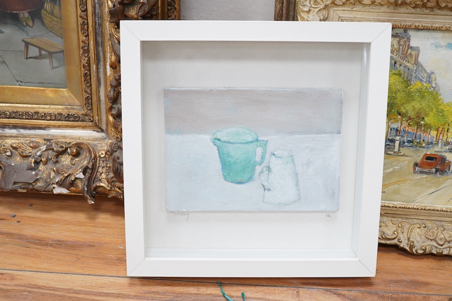 Hugo Lines, Modern British, acrylic on board, still life of two jugs titled Tuesday, mounted and signed in pencil ‘Tuesday HL’, 12.5 x 17.5cm. Condition - good